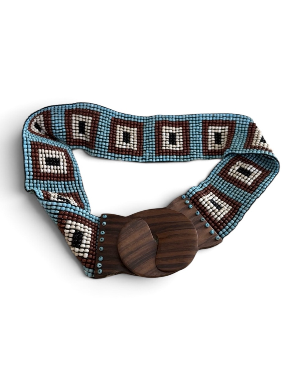 Beaded Turquoise and Brown Wide Stretch Belt with Wooden Buckle